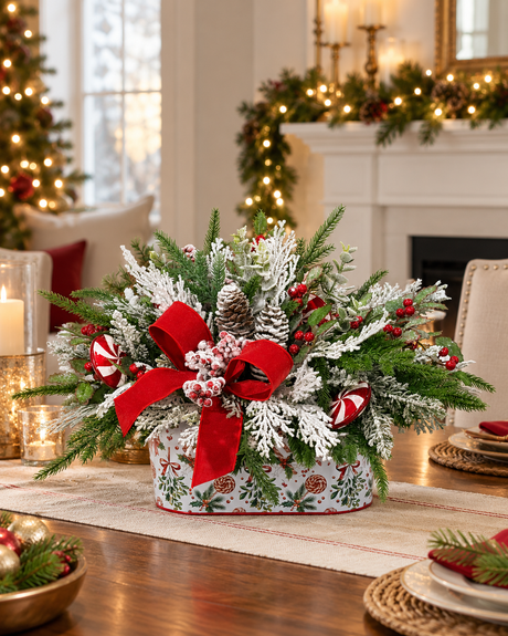 Peppermint Holiday Centerpiece | Flocked Cedar Pine Pinecone Design | 18"Lx12"H-2206 TCT Crafts Designs & Decor