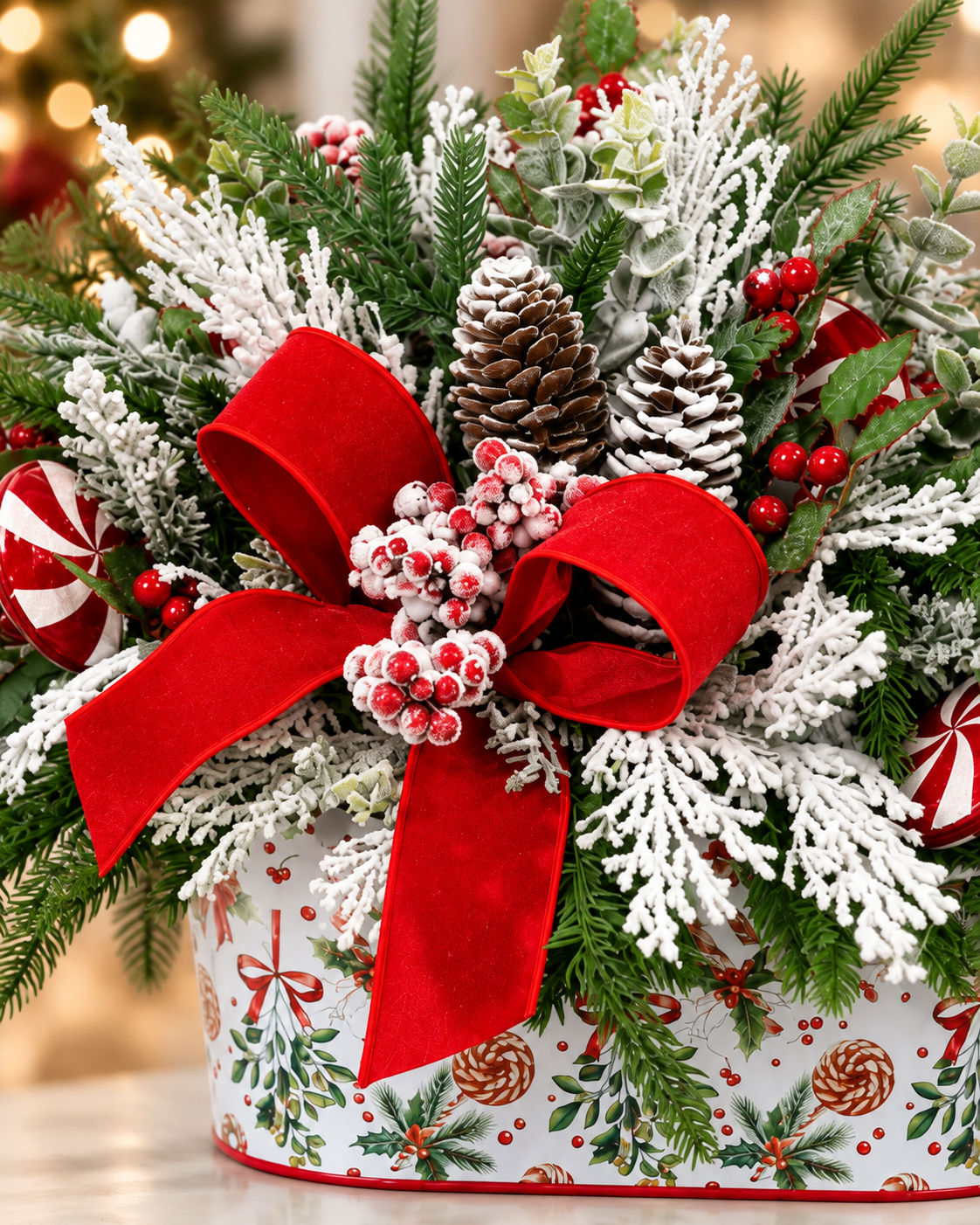 Peppermint Holiday Centerpiece | Flocked Cedar Pine Pinecone Design | 18"Lx12"H-2206 TCT Crafts Designs & Decor