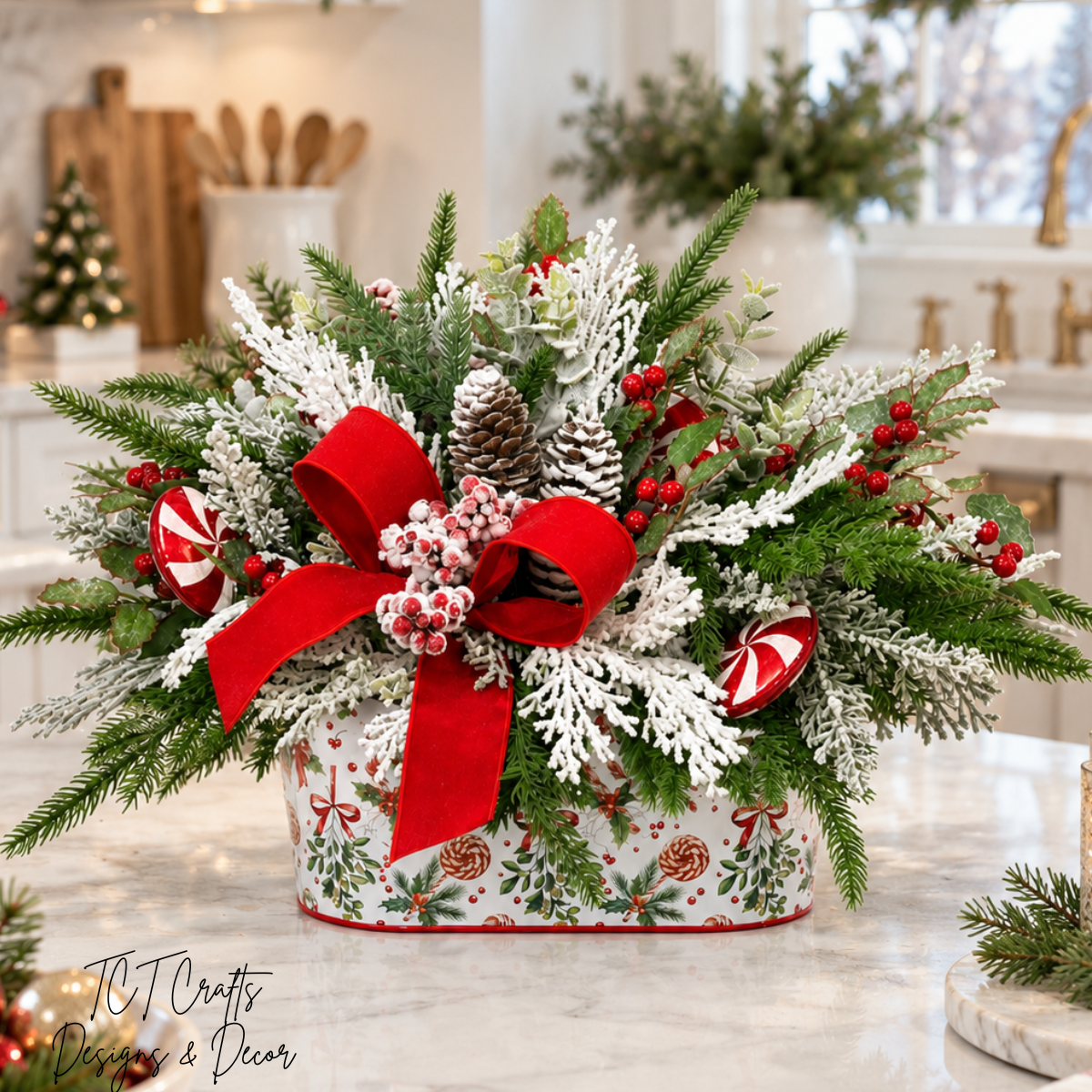 Peppermint Holiday Centerpiece | Flocked Cedar Pine Pinecone Design | 18"Lx12"H-2206 TCT Crafts Designs & Decor