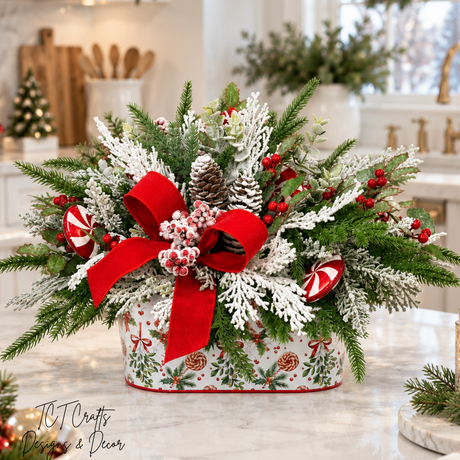 Peppermint Holiday Centerpiece | Flocked Cedar Pine Pinecone Design | 18"Lx12"H-2206 TCT Crafts Designs & Decor