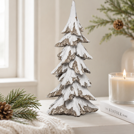 Snowy White Christmas Tree Decor — 8.25 Inch Resin Woodland Tabletop Sculpture- Transpac