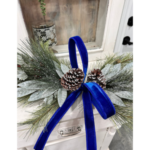 Simple Pine Centerpiece or Door Swag with Blue Bow – Classic Christmas Decor