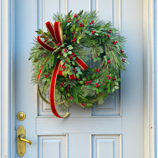 Christmas Pine Wreath with Red Velvet Bow