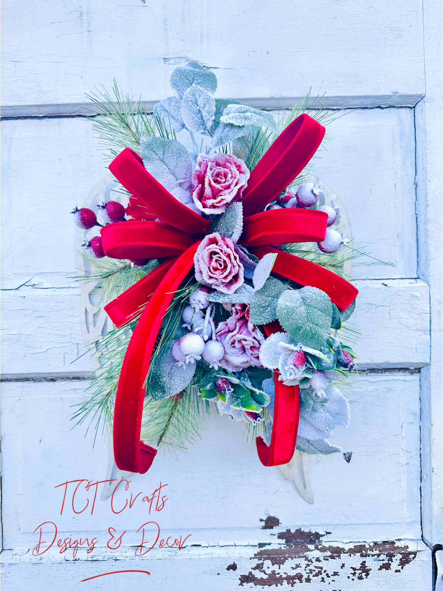 Christmas Angel Wings Door Hanger with Roses & Velvet Bow TCT Crafts