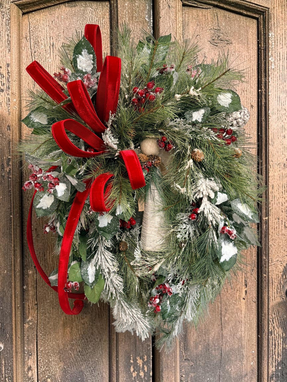 Winter Angel Grapevine Wreath – Elegant 32"x22" Christmas Wreath with Red Velvet Bow & Pine Sprays for Front Door Decor TCT Crafts