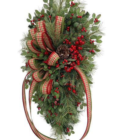 Deluxe Holly Pine Christmas Swag | Red Plaid Ribbon Bow | 36"x20" TCT Crafts