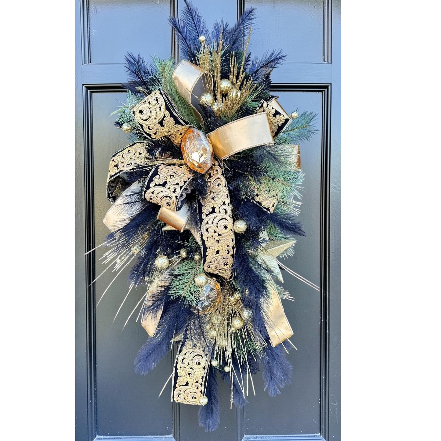 Elegant Black & Gold Holiday Swag | Luxe Door Wreath for Christmas, New Year's, or NOLA Theme | 36" x 18" Festive Decor TCT Crafts
