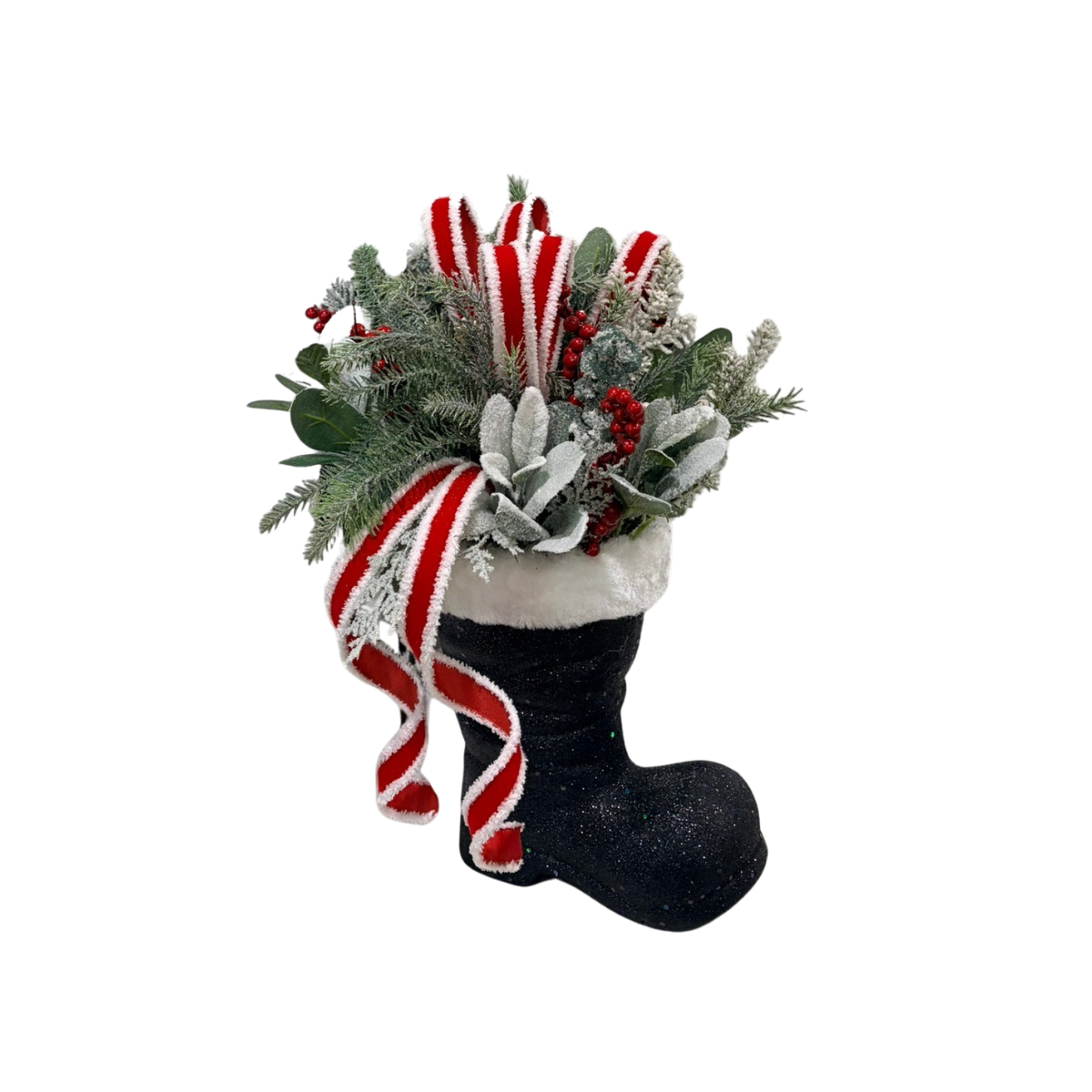 Christmas Santa Boot Arrangement with Red White Velvet Ribbon TCT Crafts