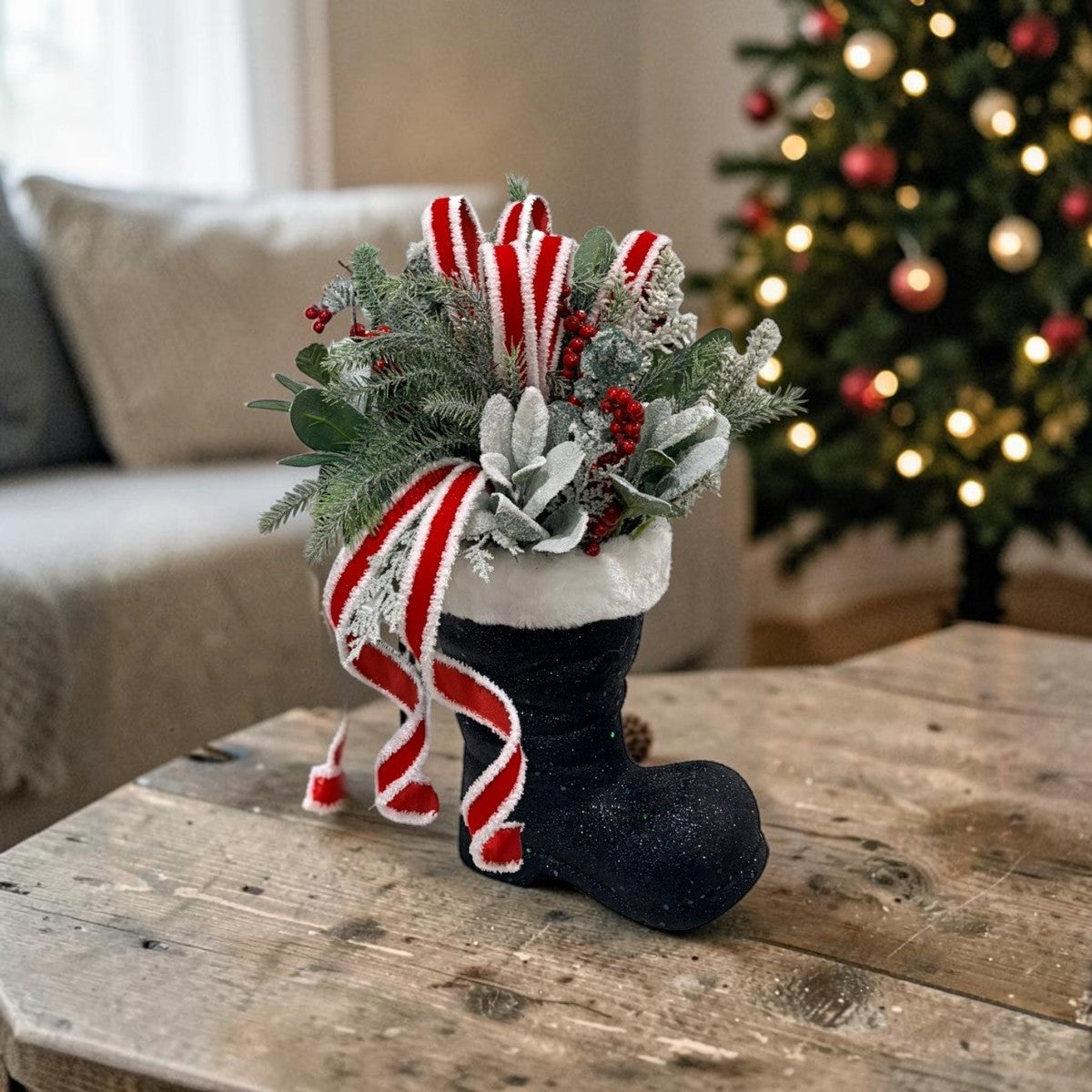 Christmas Santa Boot Arrangement with Red White Velvet Ribbon TCT Crafts