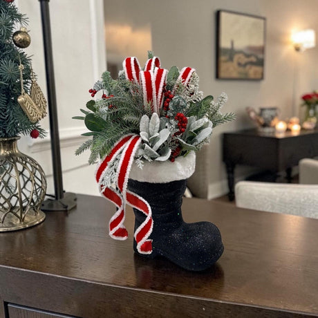 Christmas Santa Boot Arrangement with Red White Velvet Ribbon TCT Crafts
