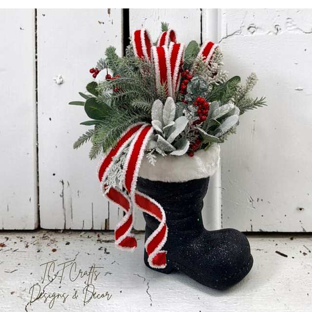Christmas Santa Boot Arrangement with Red White Velvet Ribbon TCT Crafts