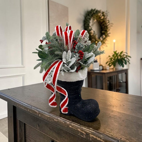 Christmas Santa Boot Arrangement with Red White Velvet Ribbon TCT Crafts