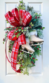 Ice Skate Christmas Swag with Red Plaid Bow | Large Holiday Door Decor TCT Crafts