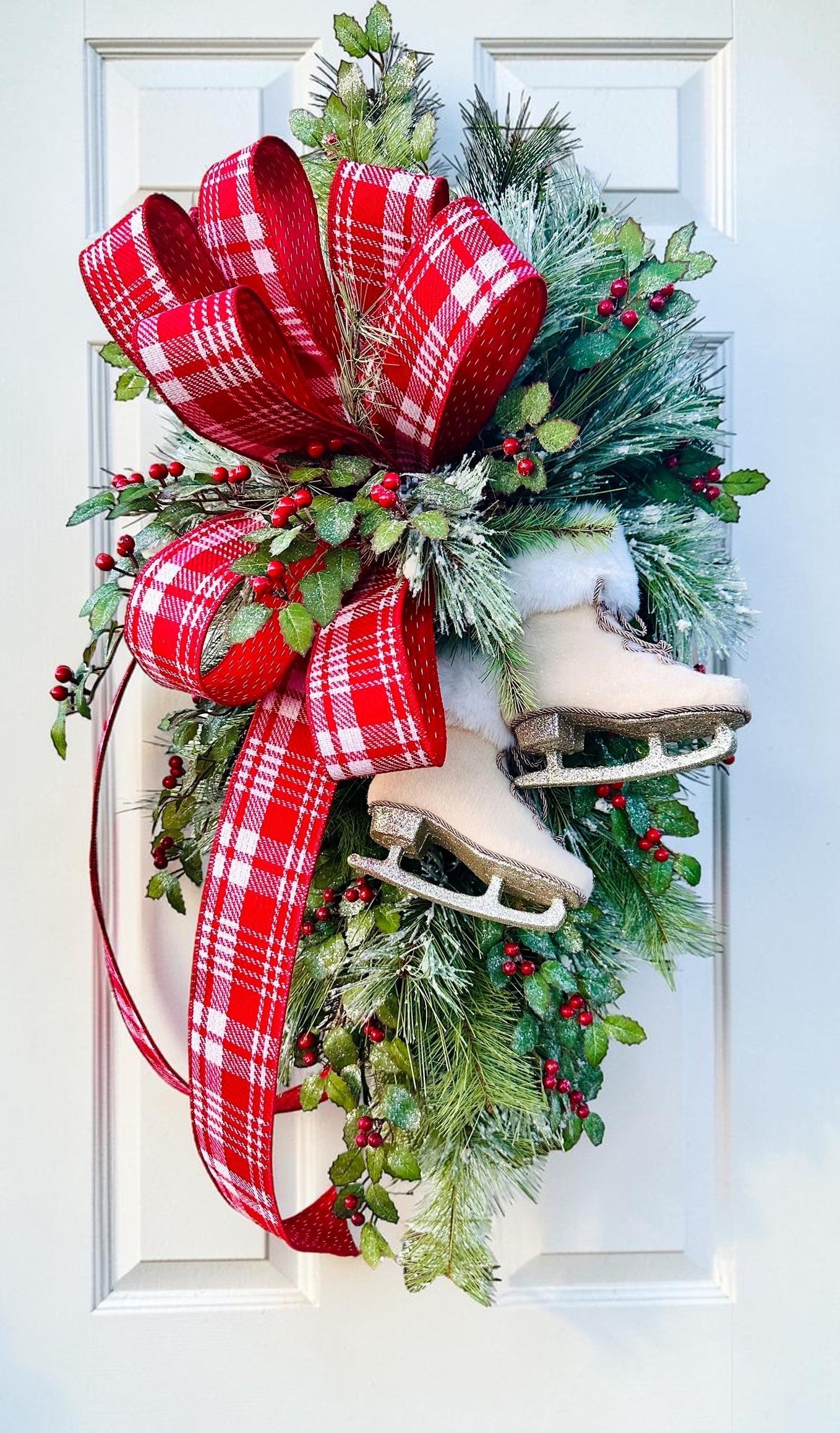 Ice Skate Christmas Swag with Red Plaid Bow | Large Holiday Door Decor TCT Crafts