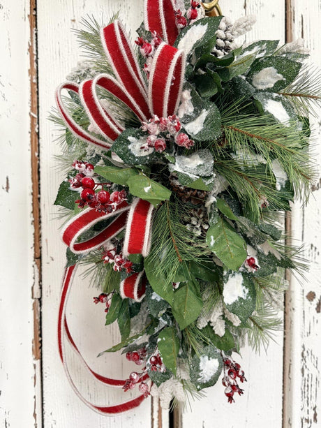 Ready-Made Traditional Christmas Front Door Swag — Snowy Pine, Red Berries, and Burlap Ribbon Bow TCT Crafts