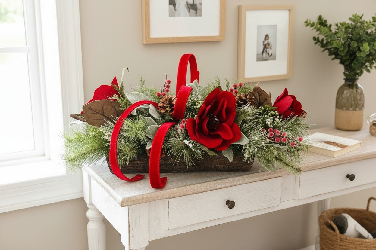 Red Velvet Magnolia Christmas Centerpiece | Wooden Tray Holiday Arrangement TCT Crafts