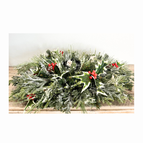 Traditional Christmas Table Candle Ring Arrangement- Red & Green Holiday Centerpiece - Artificial Pine Festive Table Candle Decor