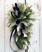 Blue White Holiday Bell Swag — Large Christmas Front Door Swag, 35 Inch TCT Crafts