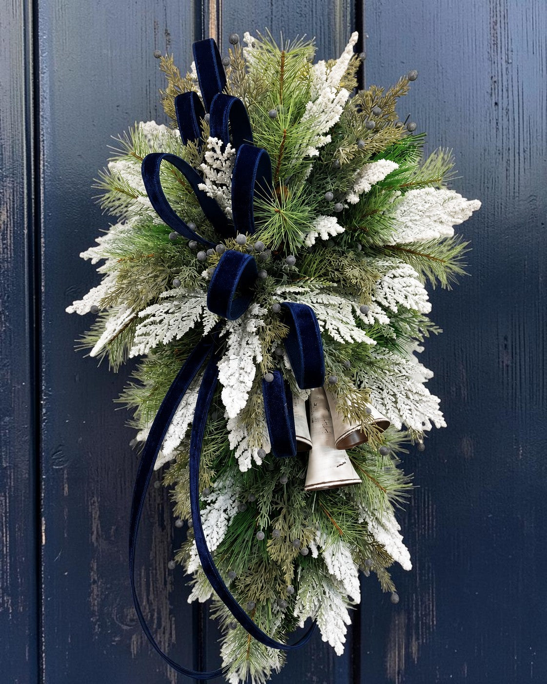 Blue White Holiday Bell Swag — Large Christmas Front Door Swag, 35 Inch TCT Crafts