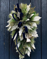 Blue White Holiday Bell Swag — Large Christmas Front Door Swag, 35 Inch TCT Crafts