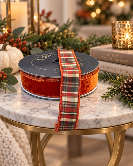 Farrisilk 1.5" Cinnamon Plaid Plush Velvet Wired Ribbon-RM004-02 Farrisilk