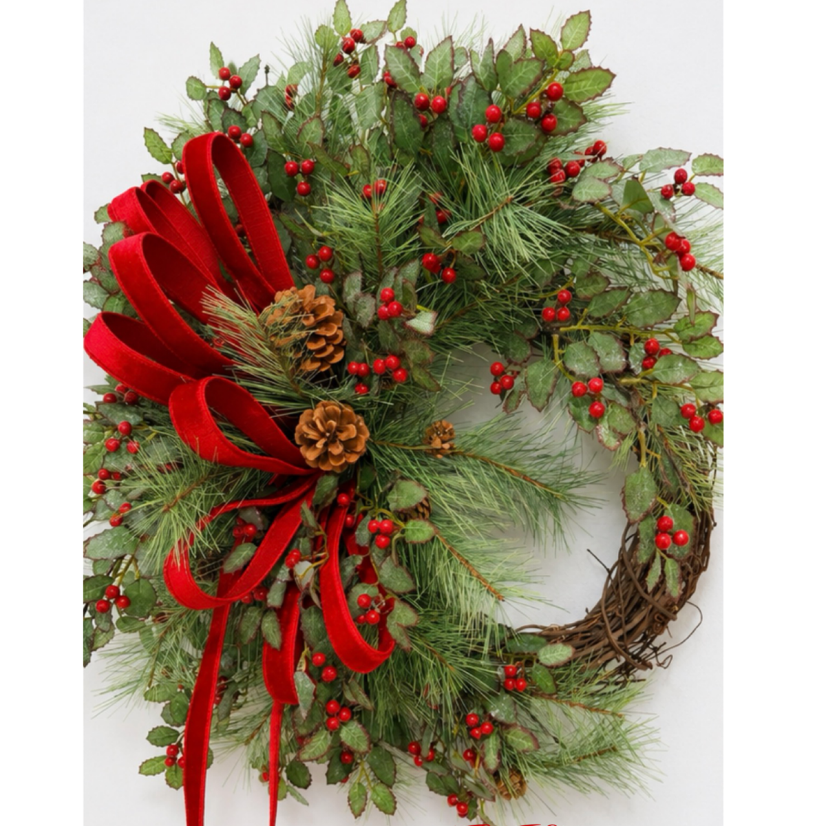 Classic Holly Pine Wreath | Red Velvet Farrisilk Ribbon Grapevine | 26" TCT Crafts