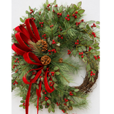 Classic Holly Pine Wreath | Red Velvet Farrisilk Ribbon Grapevine | 26" TCT Crafts