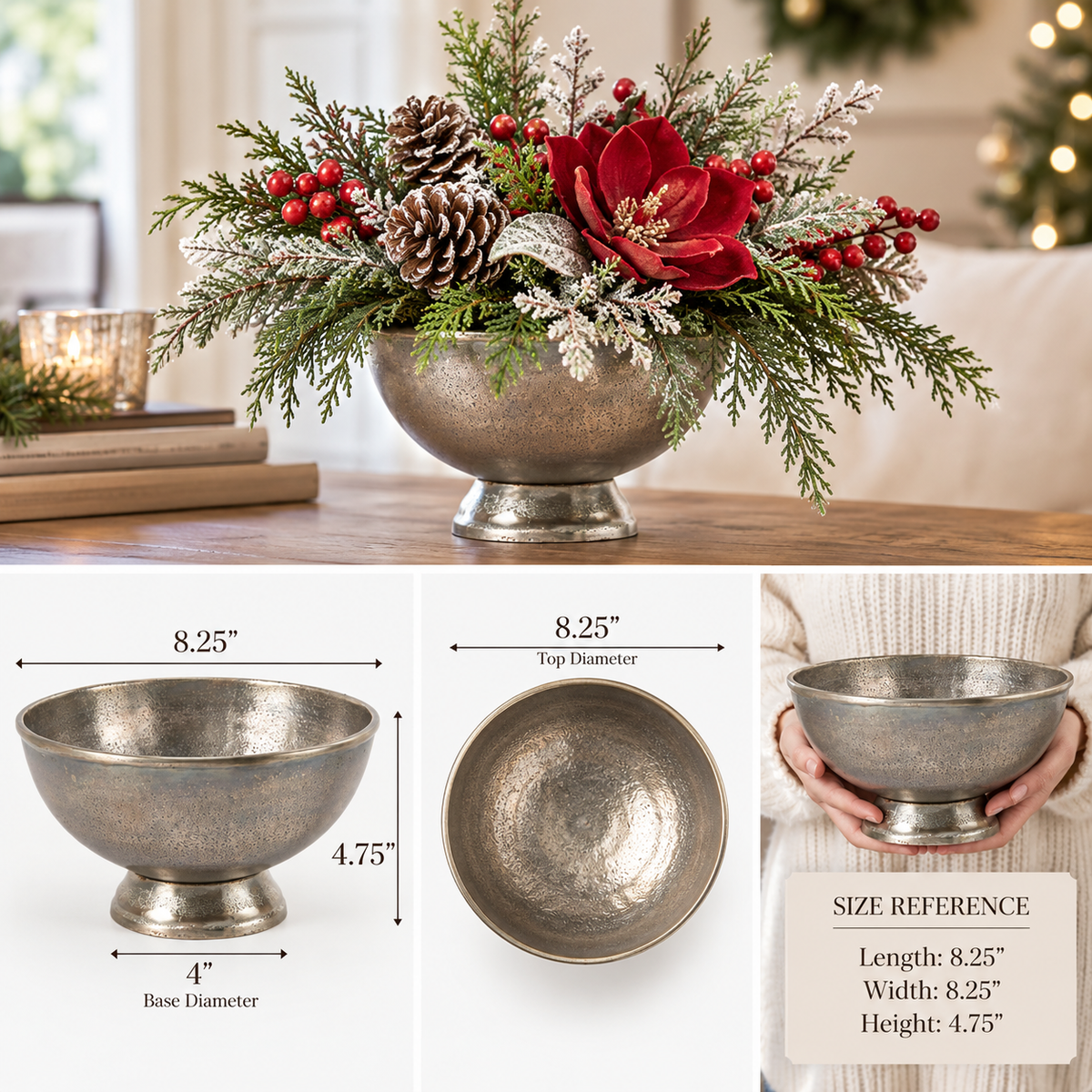 "Cadence" Metal Compote Bowl - Silver Pedestal Container for Floral Arrangements-73231-00 Pioneer Imports