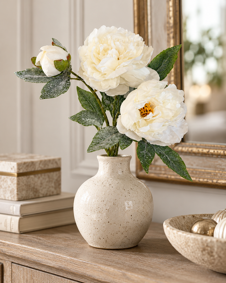 Snowy Cream Peony Spray | Frosted Winter Floral Stem | 25.5" Spray-XM14832-CR Green Import