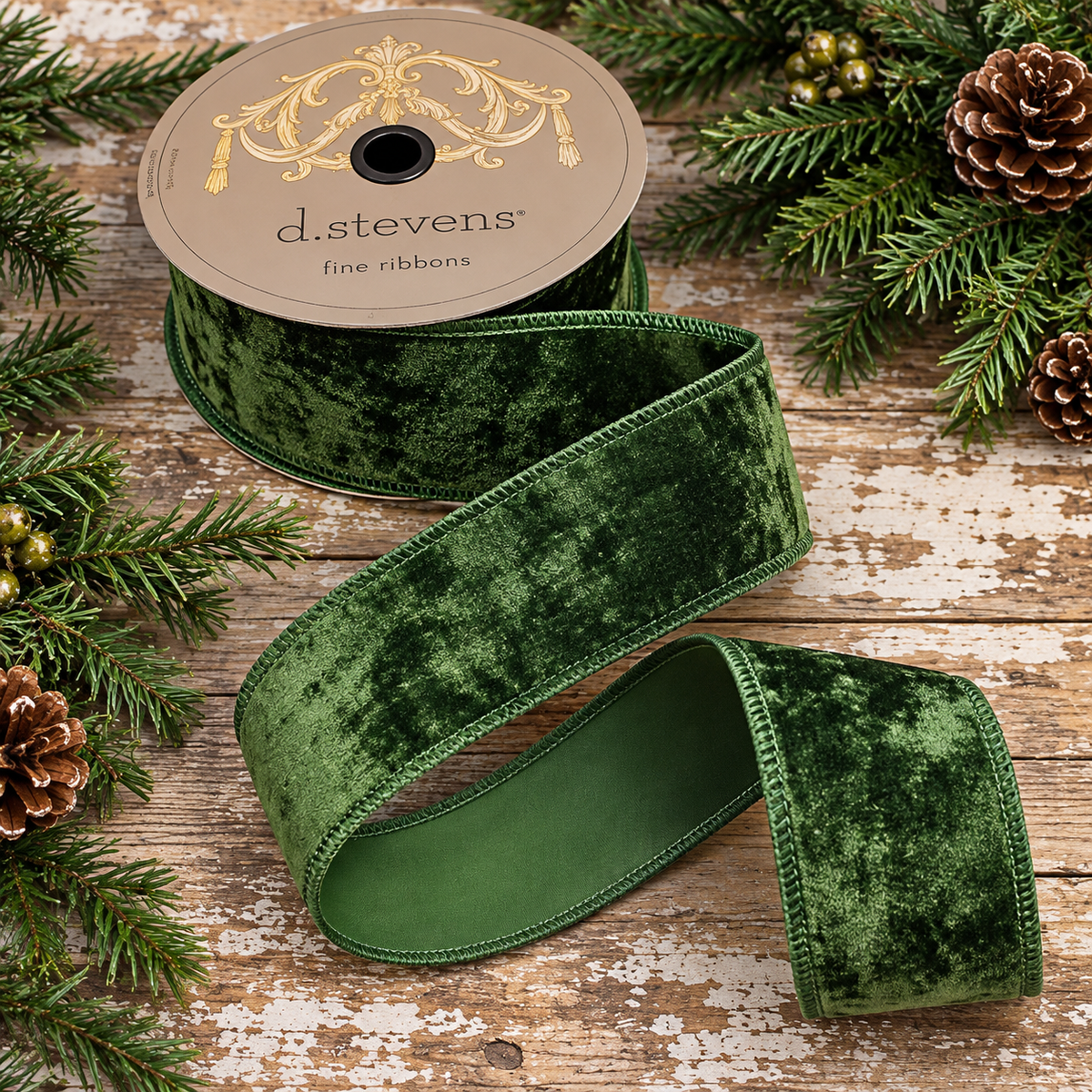 D. Stevens Hunter Green Crushed Velvet Ribbon | Wired Ribbon | 1.5" x 10yd-09-4553 D. Stevens