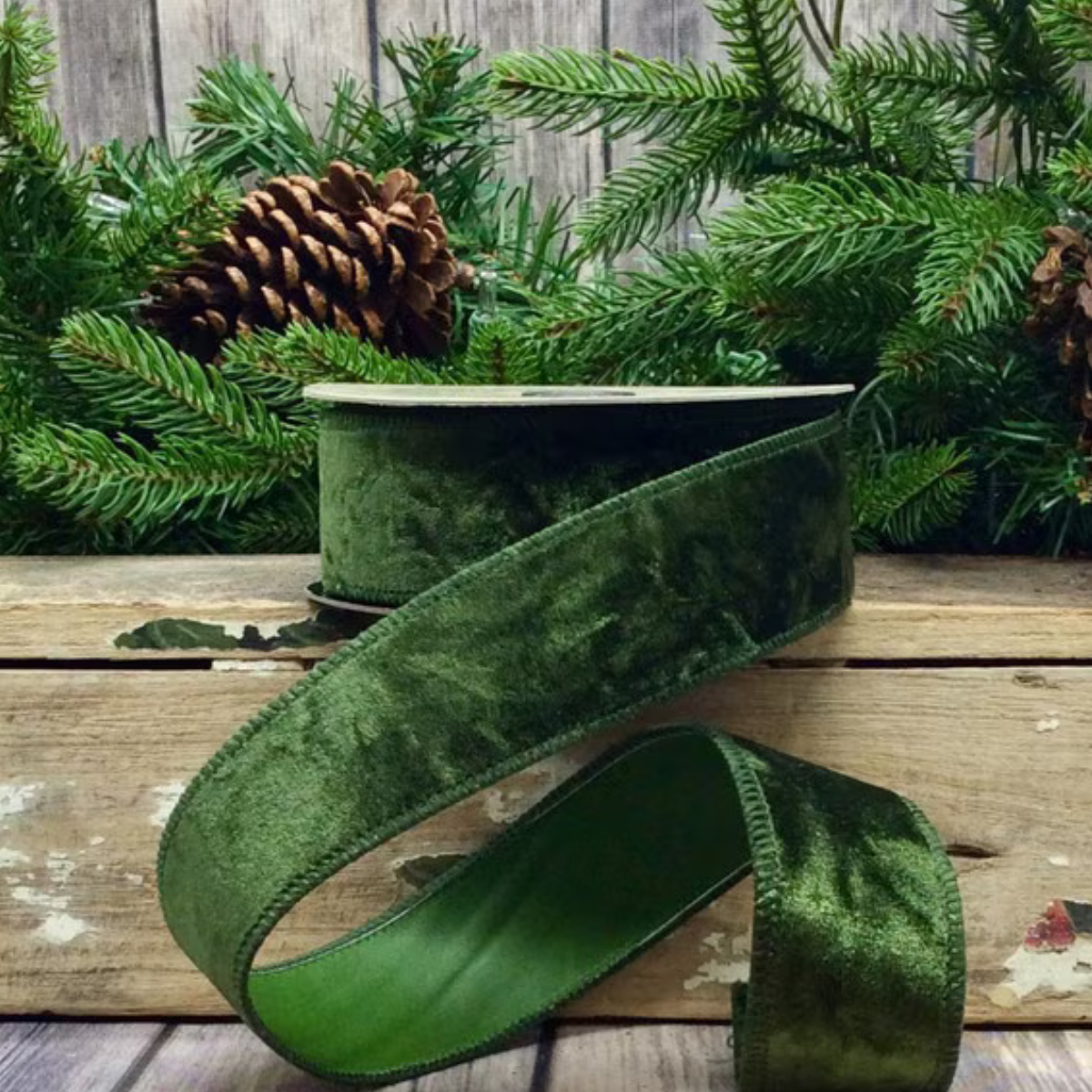 D. Stevens Hunter Green Crushed Velvet Ribbon | Wired Ribbon | 1.5" x 10yd-09-4553 D. Stevens