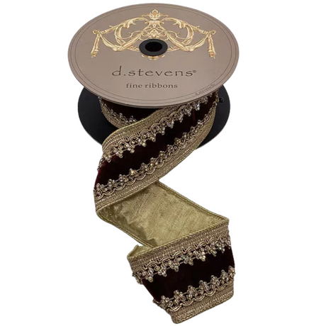 D. Stevens Burgundy Velvet Jeweled Trim Ribbon | Gold Countess Wired Ribbon | 2.5" x 5yd-05-2010 D. Stevens