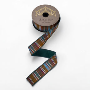 D Stevens Dupioni Plaid Wired Ribbon Brown Celadon 1.5 Inch-05-1757 D.Stevens