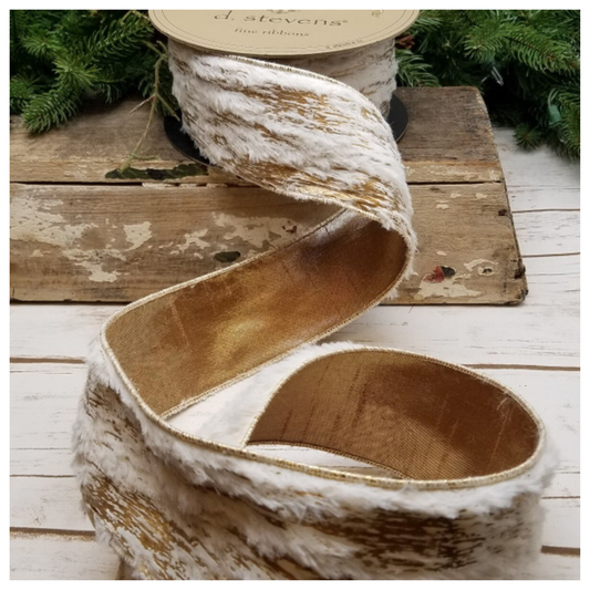 D Stevens Faux Fur Wired Ribbon Gold Ivory 2.5 Inch-88-1845 D.Stevens