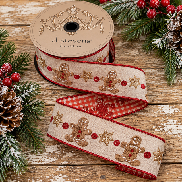 D. Stevens Gingerbread Man Ribbon | Linen Embroidery Check Back | 2.5" x 10yd-18-4925 D. Stevens