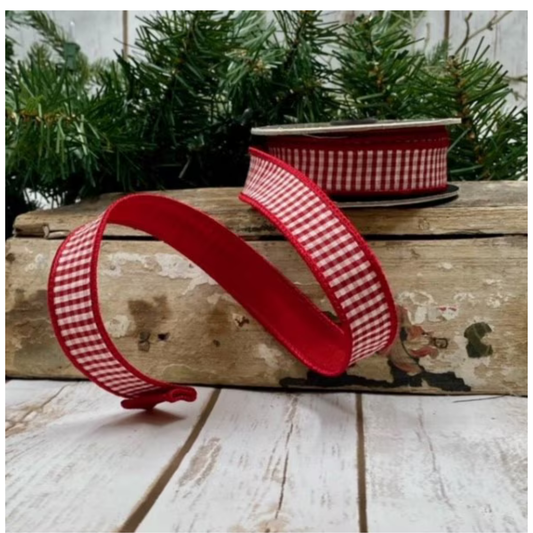 D. Stevens Red White Mini Check Wired Ribbon | 1 Inch Faux Dupion-07-1800 D.Stevens