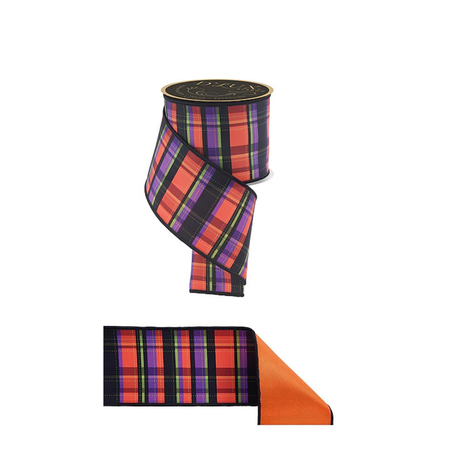Dashed Plaid Wired Ribbon — 4 Inch White Black Orange Lime Purple D'Lux Halloween Bow Ribbon-LX1295YR Craig Bachman