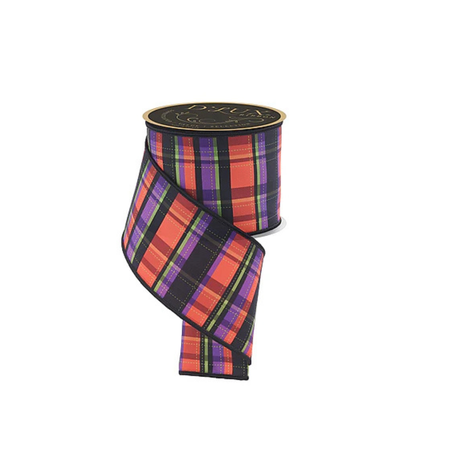 Dashed Plaid Wired Ribbon — 4 Inch White Black Orange Lime Purple D'Lux Halloween Bow Ribbon-LX1295YR Craig Bachman