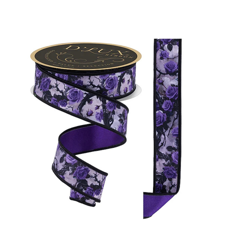 D'Lux Roses and Vines Wired Ribbon — 1.5 Inch Violet Lilac Grey Moody Floral Ribbon-LX125823 Craig Bachman