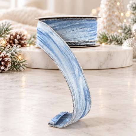 D. Stevens Sky Blue Marble Velvet Ribbon | Gold Lame Back | 1.5" x 10yd-09-4946 D. Stevens