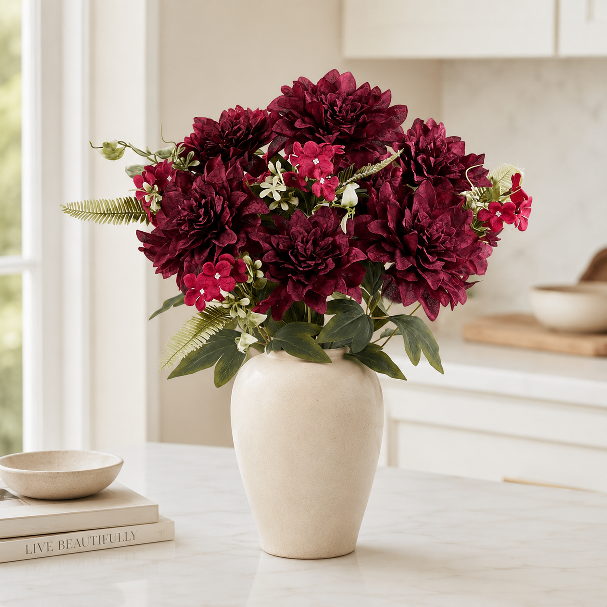 Burgundy Dahlia Hydrangea Bush | Crackle Fabric Florals | 23" Floral Stem Craig Bachman