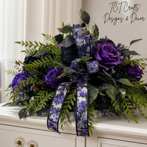 Purple Black Halloween Centerpiece in Dough Bowl — 21 Inch Gothic Rose Arrangement TCT Crafts