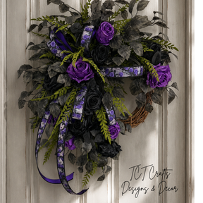 Dark Moody Halloween Wreath — Purple and Black Rose Grapevine Wreath, 32 Inch TCT Crafts