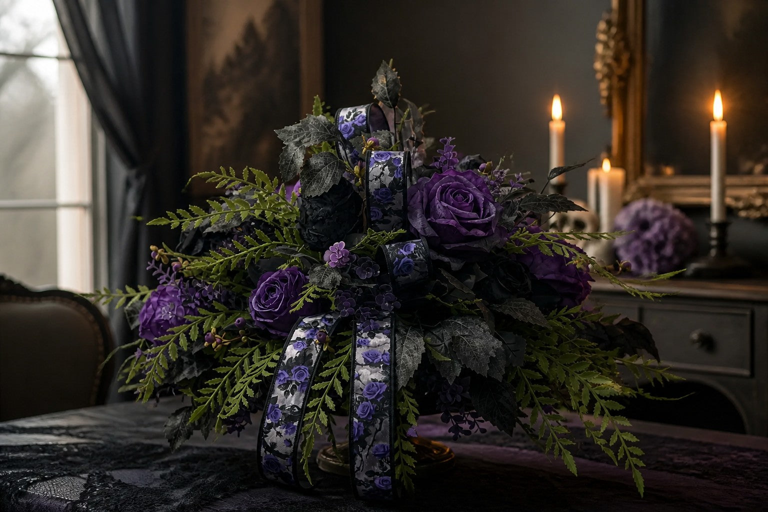 Purple Black Halloween Centerpiece in Dough Bowl — 21 Inch Gothic
