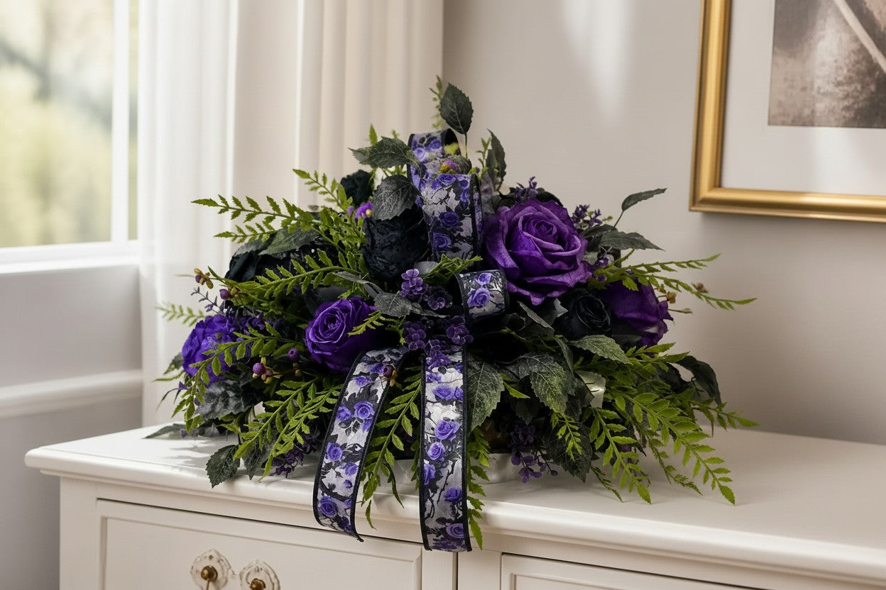 Purple Black Halloween Centerpiece in Dough Bowl — 21 Inch Gothic