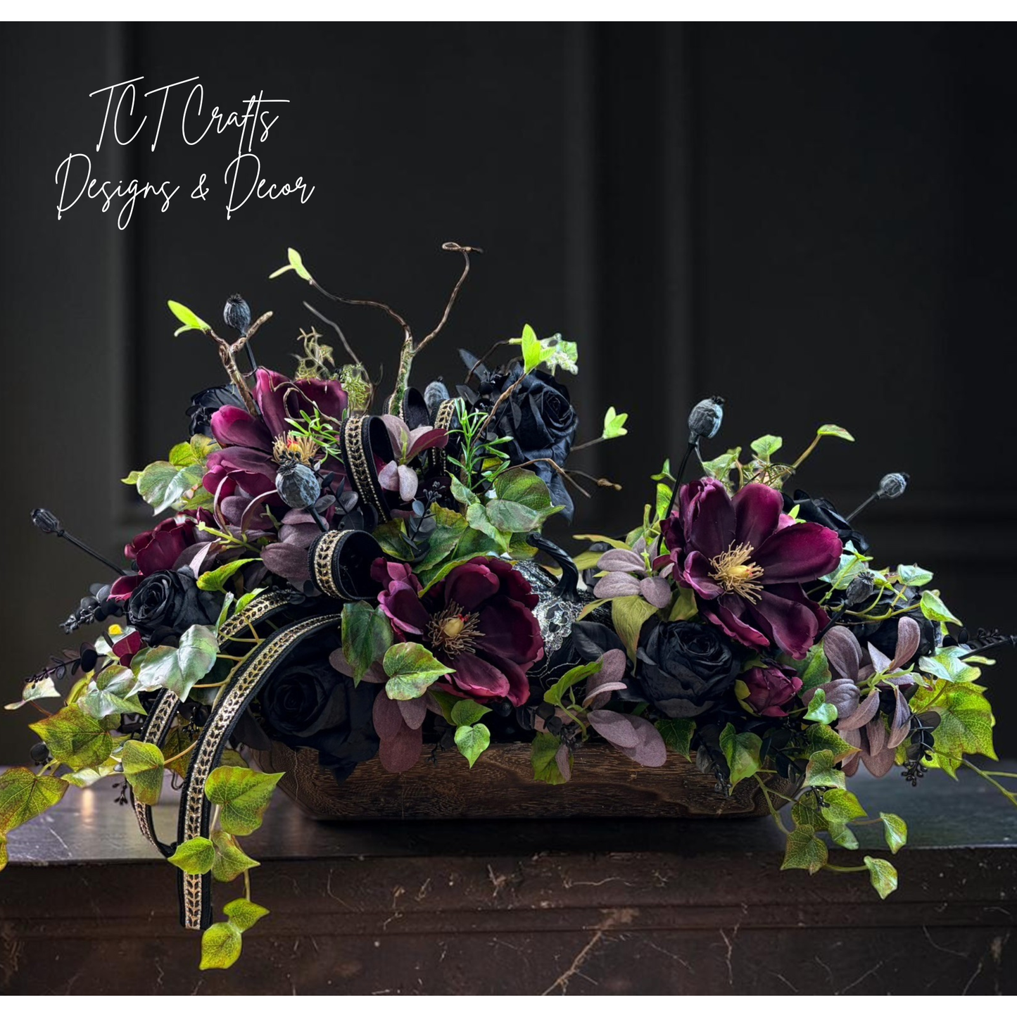 Dark Moody Halloween Centerpiece with Black Roses and Purple Magnolias TCT Crafts