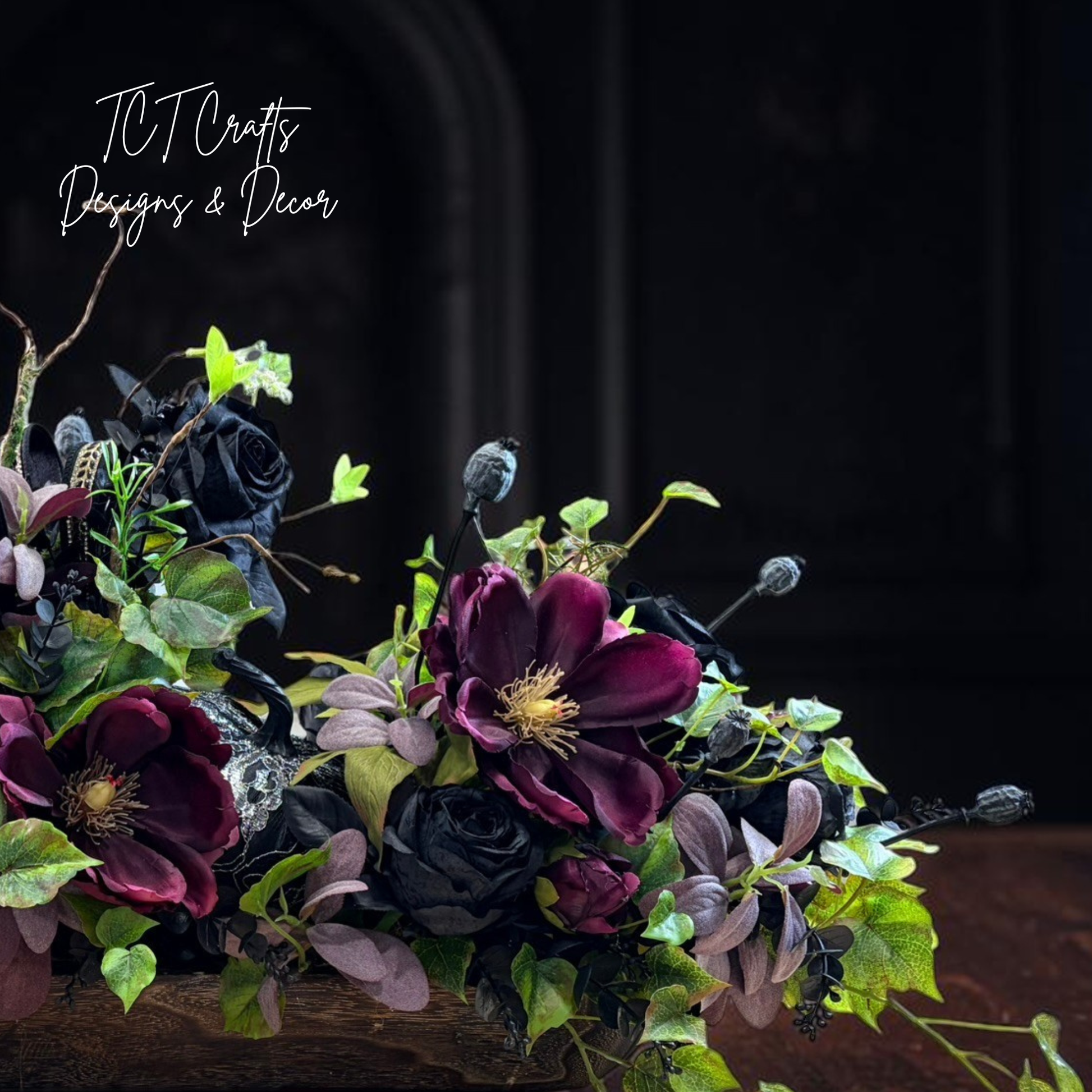 Dark Moody Halloween Centerpiece with Black Roses and Purple Magnolias TCT Crafts