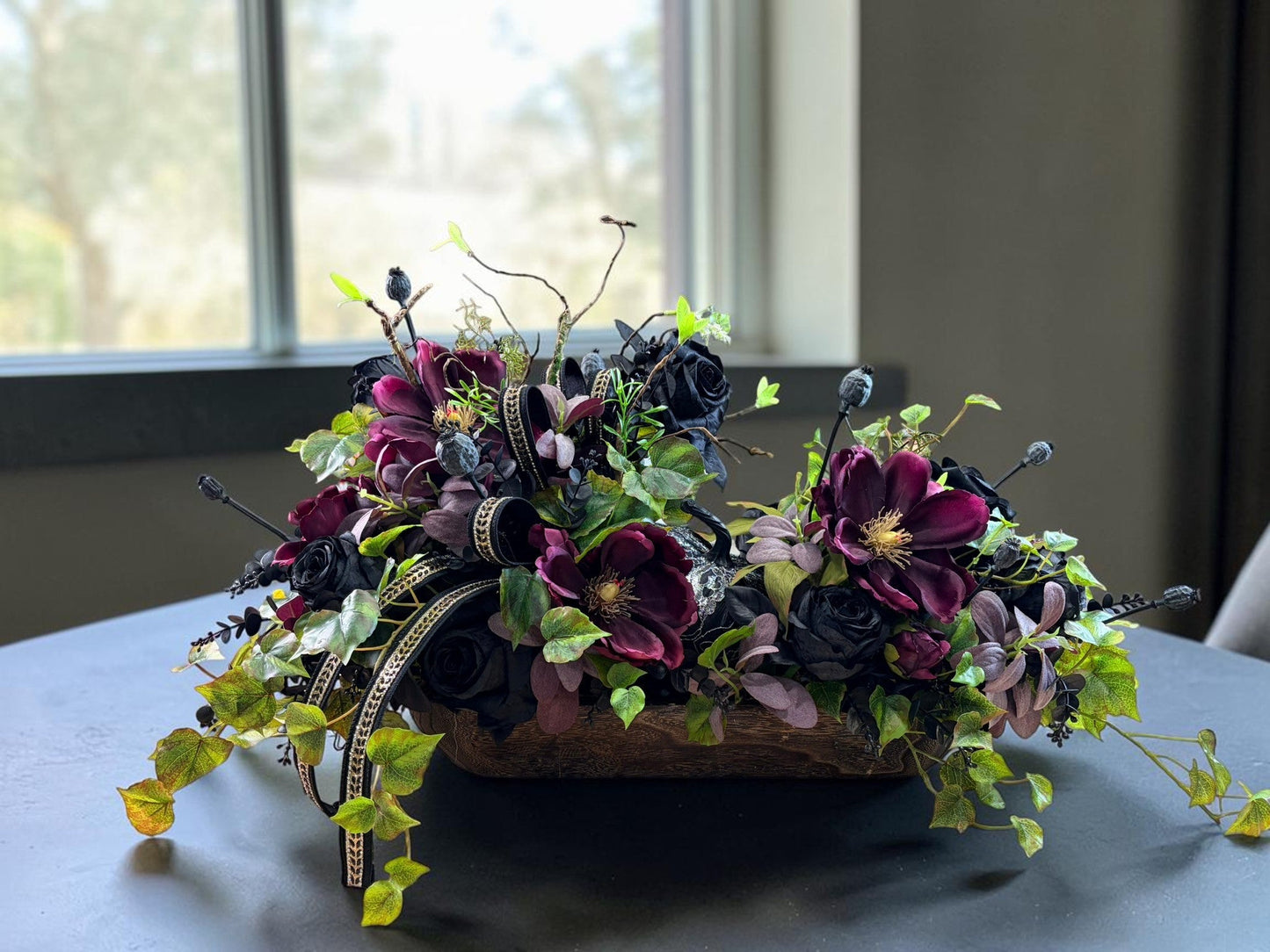 Dark Moody Halloween Centerpiece with Black Roses and Purple Magnolias TCT Crafts
