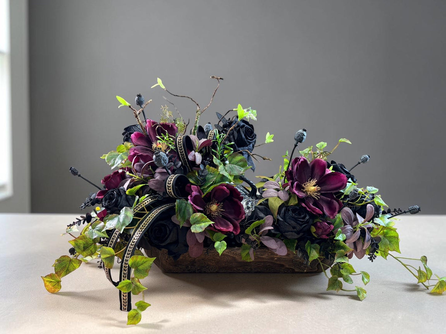 Dark Moody Halloween Centerpiece with Black Roses and Purple Magnolias TCT Crafts