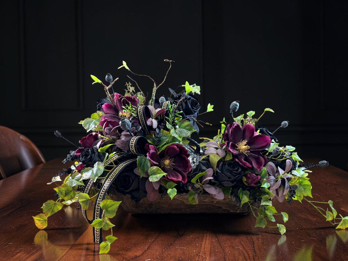 Dark Moody Halloween Centerpiece with Black Roses and Purple Magnolias TCT Crafts